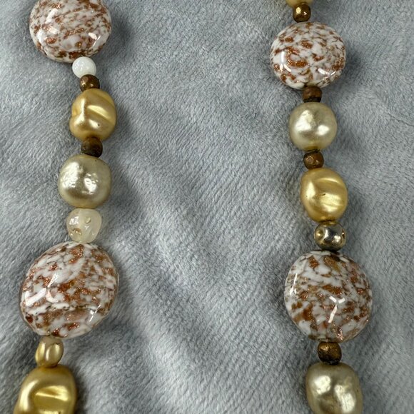 Gold Copper Speckled Long Beaded Necklace White Marble Effect Statement Beads - Picture 12 of 16